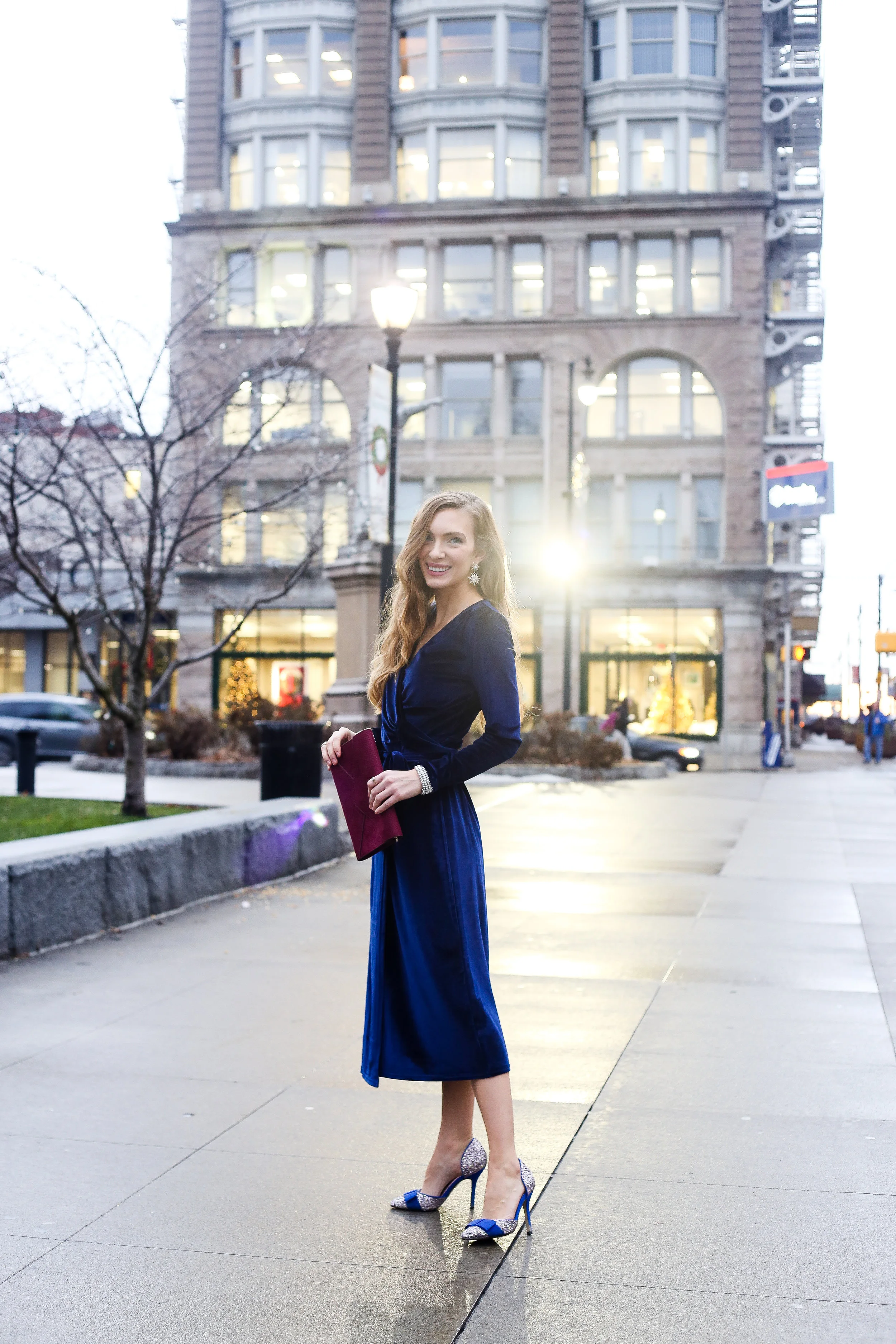 Navy blue velvet wrap dress top